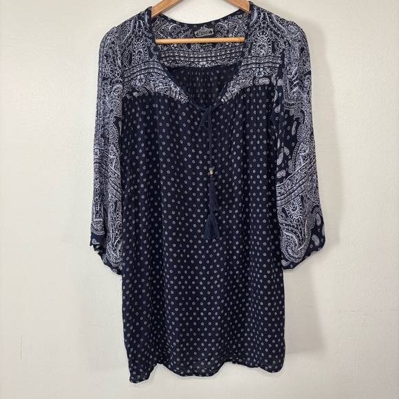 Angie Boho Navy Blue Paisley Floral Print Spring Tunic Mini Dress Size S - Picture 2 of 6